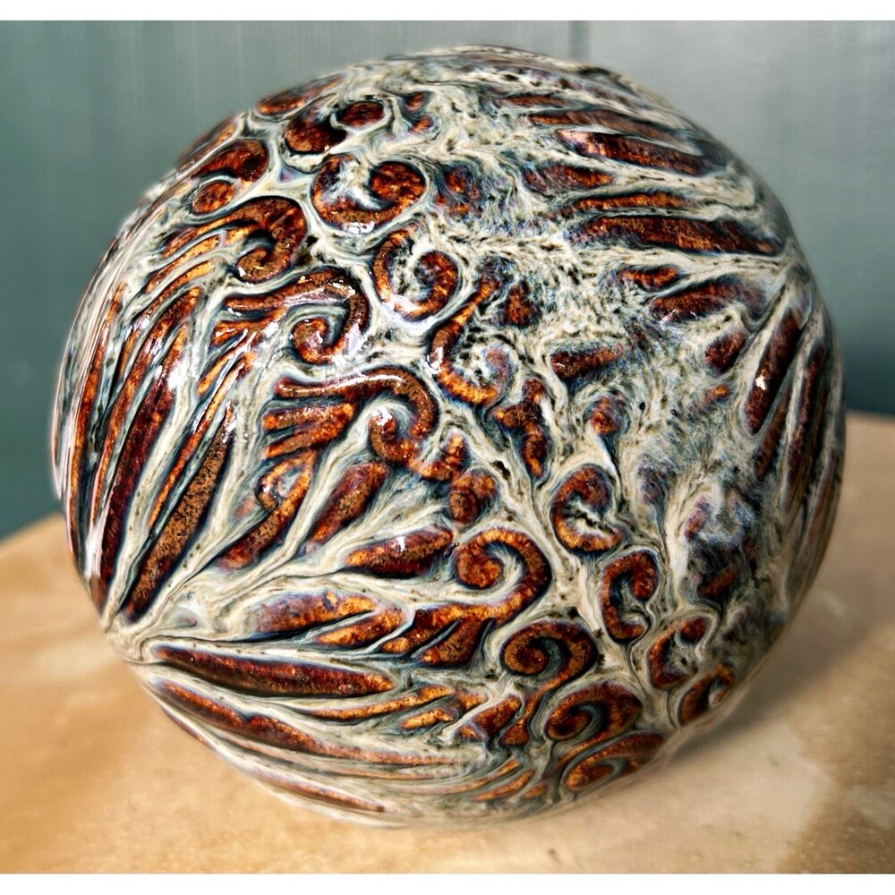Studio Pottery Ceramic Garden Sphere Orb Drip Glaze Grooved 4.5” Cosmic Art